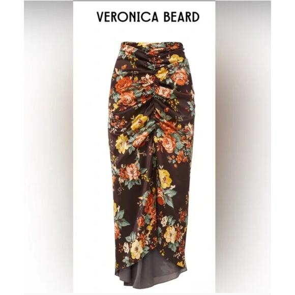 VERONICA BEARD Pixie Floral Ruched Silk Midi Skirt | Womens 0, Oxblood Brown - Picture 2 of 11